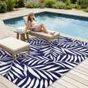 Smiry Outdoor Rug 5x8 ft, Waterproof Reversible Plastic Straw Rugs, Outdoor Area Rug with Leaf Pattern, Outside Floor Mat for Patio, Backyard, Deck, Picnic, Beach, Camping, Navy & White