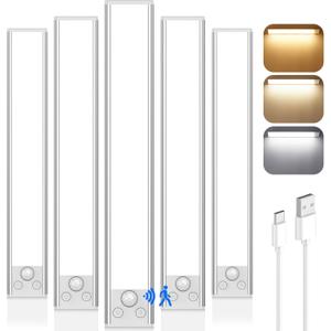 VerRon 14 In Under Cabinet Lighting, 3200mAh Rechargeable Battery Powered Closet Lights with 3 Color Tempers 108 LED, Wireless Motion Sensor Light Indoor, Dimmable Lights for Kitchen, Stair, 5-Pack