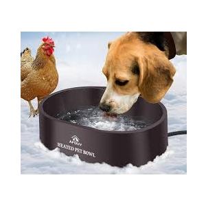 Afduv Heated Pet Water Bowl 3.7L for Dogs and Cats Outdoor, Anti Chew Cord & Thermostatic Control, Large Heated Bowl Keeps Water Warm for Chicke Brown