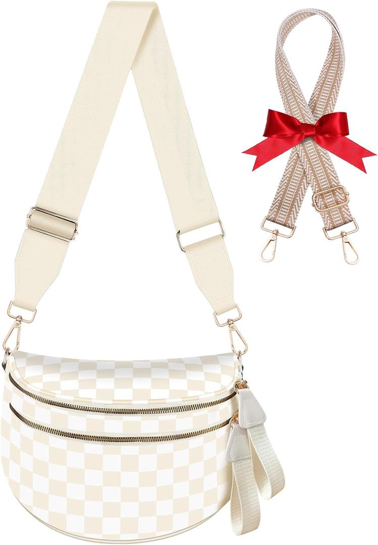 Bum Bags for Women Checkered Crossbody Bag Large Nylon Belt Purse Fanny Packs, Bonus with a Extra Strap