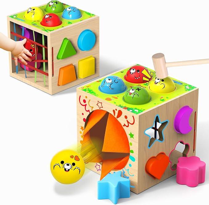 4-in-1 Montessori Toys for 1+ Year Old - Shape Sorting Activity Cube, Hammer Pounding Game, Baby Blocks & Sensory Toys for Toddlers 1-3, Wooden Toy Gift for 1 Year Old Boys and Girls