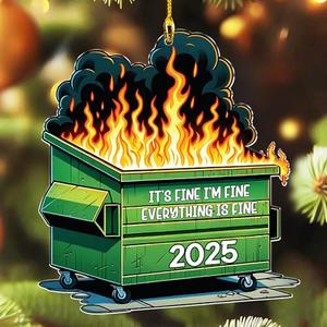 Funny Dumpster Fire Ornament 2025 - Acrylic Dumpster Fire Hanging Christmas Decorations - White Elephant Gift Ideas - Xmas Tree Hanging Decor - Funny Christmas Ornaments for Coworkers, Friend, Family, Pack Of 2