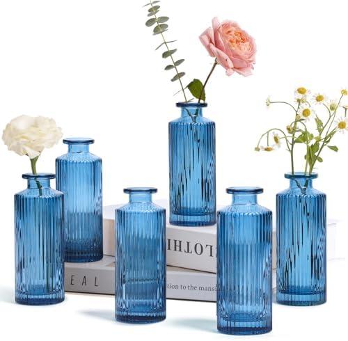 ComSaf Glass Bud Vases Set of 6, Small Bud Vase in Bulk, Mini Flower Vase for Centerpiece, Vintage Decorative Vase Set for Flowers, Wedding Reception, Home Decor, Housewarming Gift (Grey Blue)