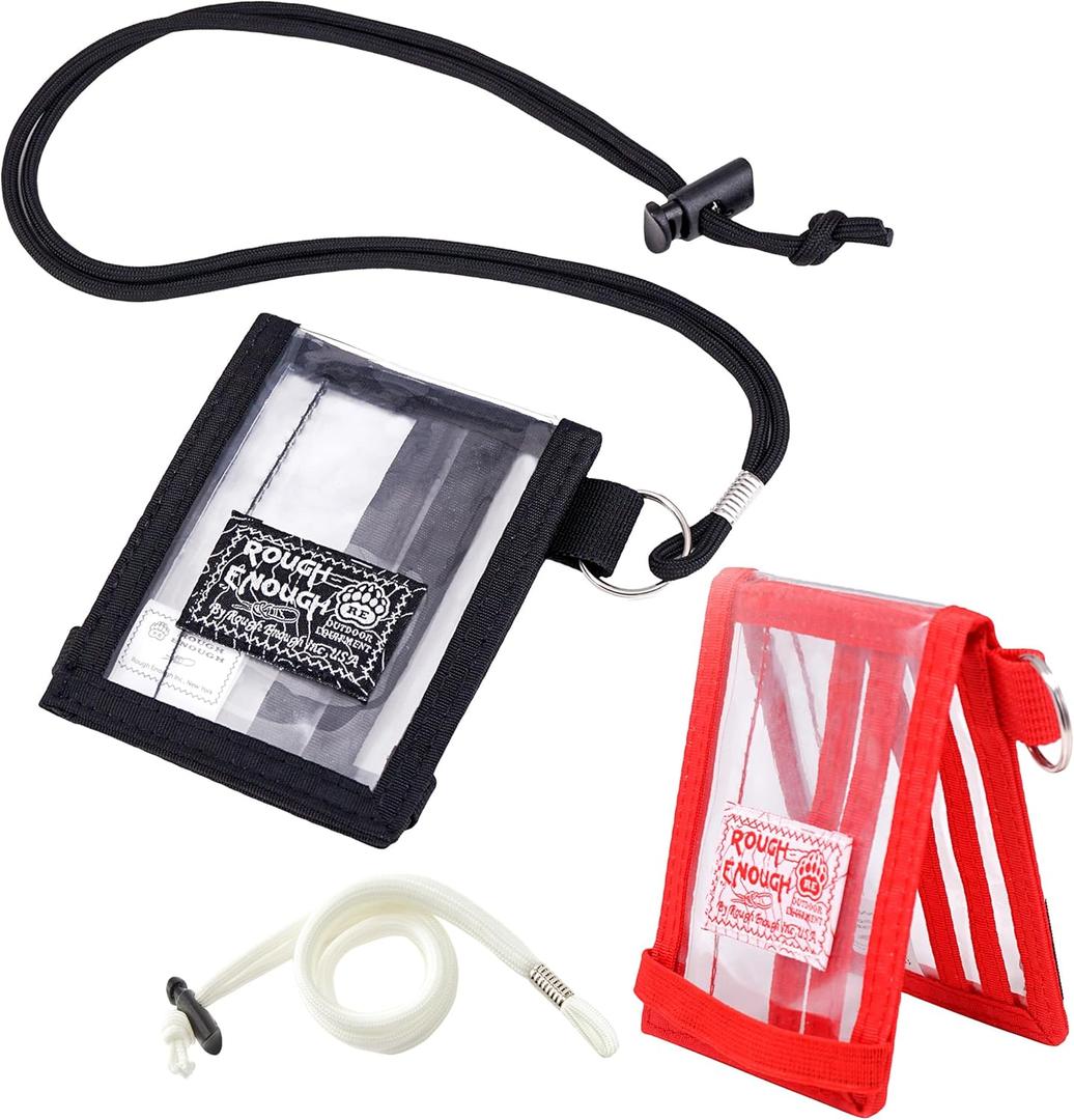 Rough Enough Clear ID Badge Holder Card Wallet with Lanyard 2 Pack Black Red, PVC, Water-Resistant, for Work Travel