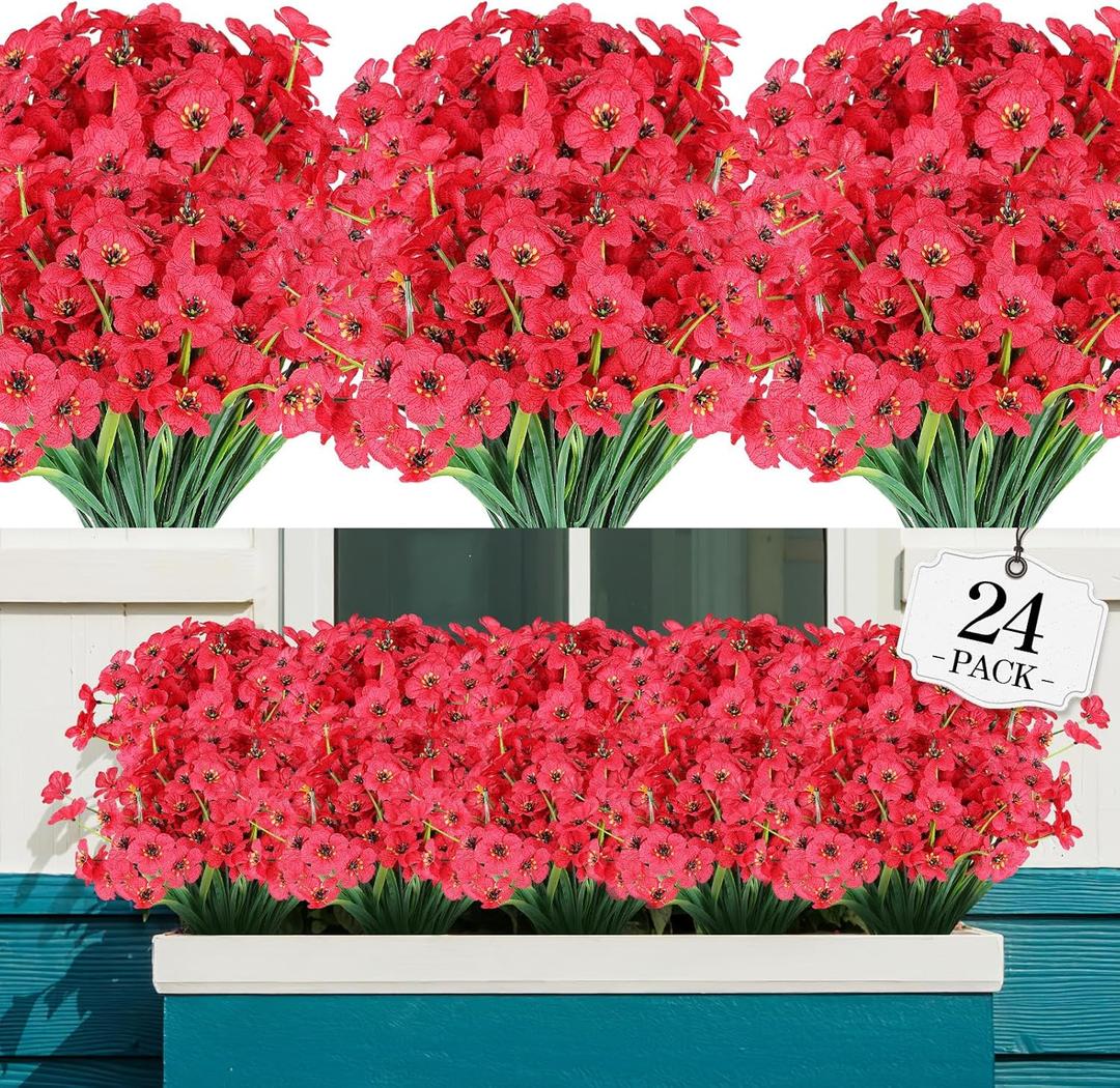 AGIRL 24 Bundles Artificial Flowers for Outdoor,No Fade Fake Plastic Flowers Faux Plants for Decoration Hanging Planters Indoor Outside Garden Porch Window Box Home Wedding Farmhouse (Red)