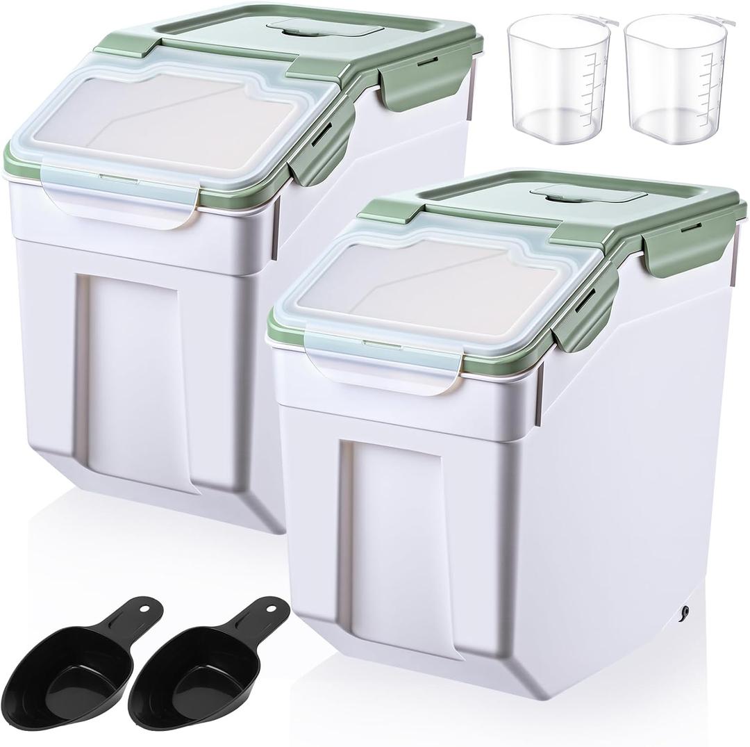 2 Pcs 55 lbs Grain Rice Storage Container Flour Bin with Wheels Cup Leak Proof Pet Food Storage Boxes Seal Locking Lid Plastic Rice Containers Set for Cereal Flour Cat Dog Food (Green)