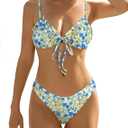 ZAFUL Women's Triangle Bikini Floral Ruffles Bow Tie Up Bikini Set Two Piece Swimsuit (1-blue)
