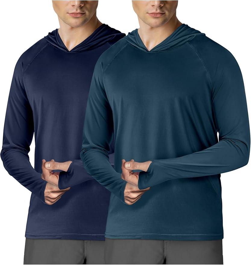 2 Pack Men's Hooded T-Shirts, UPF 50+ Sun Protection, Long Sleeve, Rash Guard, Fishing, Outdoor, Running, Sun, UV, Quick Dry, 4 XL
