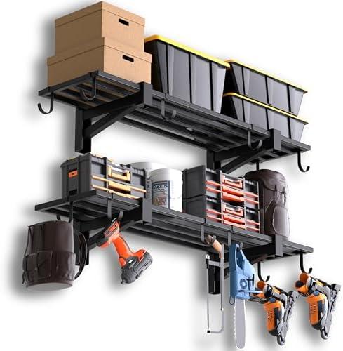 TRUSOON 2-Pack Garage Wall Shelving, Heavy Duty Garage Storage Shelving With Hooks, Shelving Wall Mounted Holds 250 lbs Each,Black