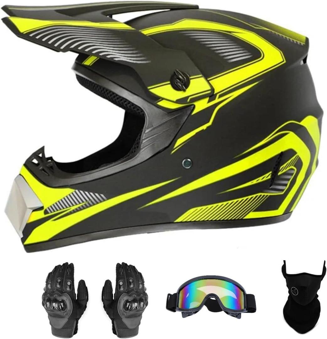 Senhill Youth ATV Dirt Bike Helmet Motocross Helmet Full Face Motorcycle Helmet with Gloves Goggles Mask for Unisex Adult DOT/FMVSS 218 Approved (Medium, Yellow)