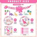 124 Pcs Three Rex Birthday Decorations Dinosaur 3rd Birthday Party Tableware Pastel Three Rex Party Supplies, Dino Disposable Paper Plate, Napkin, Banner, Serves 24(Girls Style)