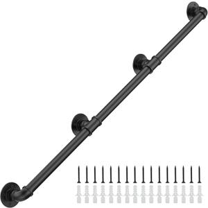 9FT Industrial Stair Railing Wall Mount Staircase Handrail 1.3 Pipe Hand Rail for Steps Grab Bar Foot Rail Vintage Pipe Railing Black Deck Handrail for Outdoor Indoor Stairs Porch