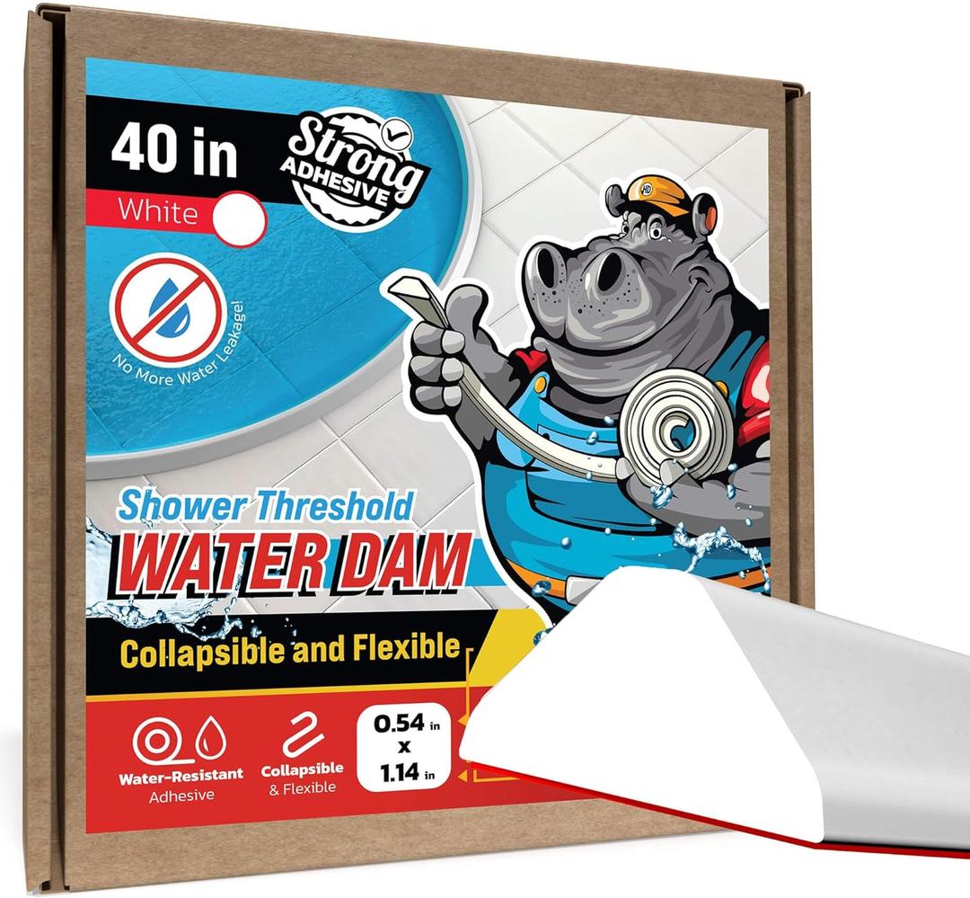 Shower Threshold Water Dam Barrier 40" - White Collapsible Shower Water Blocker - Guard for Walk in Shower - Water Guard Stopper for Floor - Shower Door Water Blocker - Triangular - By Hippo Dam