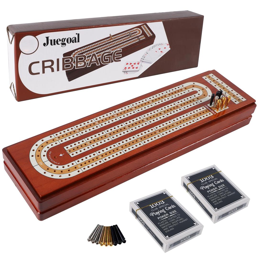 Juegoal Upgrade Wood Cribbage Board Game Set, Solid Wooden Continuous 3 Track Board with Larger Storage Area, 9 Metal Pegs and 2 Decks of Playing Cards, Travel Portable Cribbage Game Sets