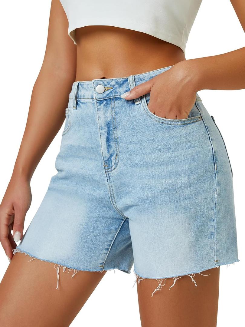 AUWUKA Womens High Waist Jean Shorts Wide Straight Leg Microelastic Long Denim Mom Shorts (8, Light Blue)