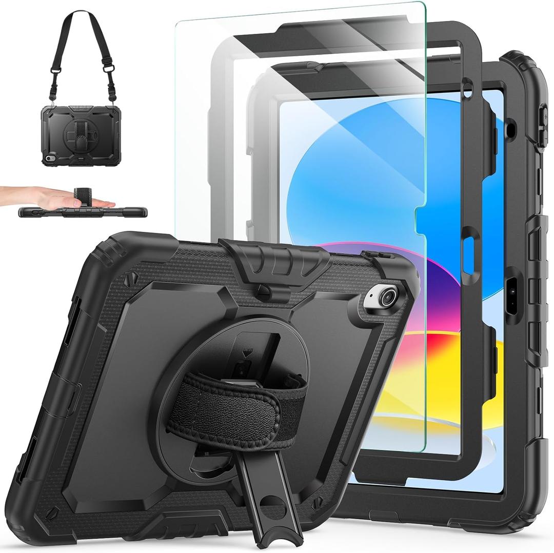 Ambison Case for iPad (A16) 11th/10th Generation 11"/10.9'' 2025/2022,Heavy Duty Shockproof Case with Tempered Glass Screen Protector, 360 Rotating Handle Strap&Stand,Shoulder Strap-Black