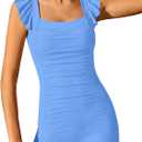 Girls Swimsuit Ruffle Girl One Piece Bathing Suit Solid Swimsuits Ruched Sleeveless Girls' Swimwear for 7-18 Years (13-14 Years, Blue)