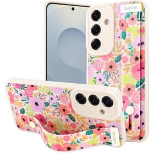 OOK Floral for Samsung Galaxy S25 Plus Silicone Case with Strap for Women Gilrs, Cute Flower Pattern, Slim Soft Wristband Kickstand Shockproof Protection White Blossom Phone Cover
