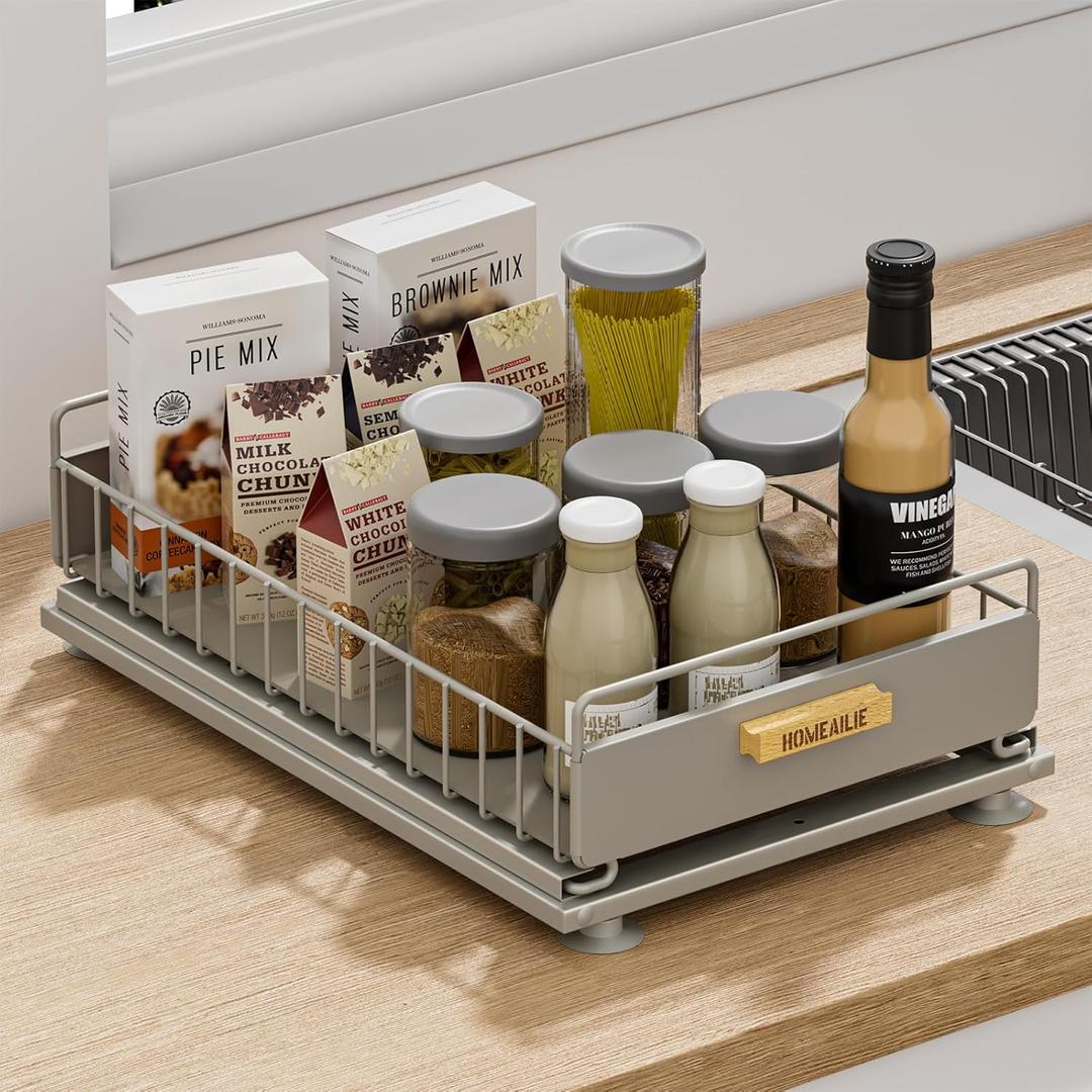 Under Sink Organizer, Single Tier Metal Pull Out Sliding Drawer Shelf for Kitchen Bathroom Cabinet Storage, Sturdy Rack  Gray