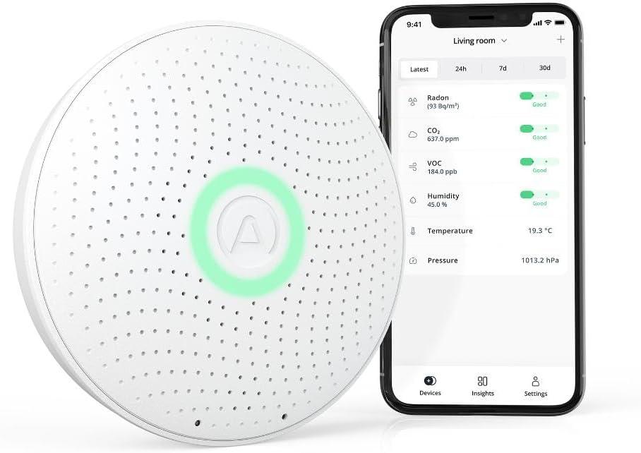 Airthings 2930 Wave Plus - Radon & Air Quality Monitor, Battery Powered (CO2, VOC, Humidity, Temp, Pressure) (White)