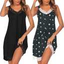 Ekouaer Womens Nightgown 2 Pack Nightgown V Neck Lace Sleepwear Sleeveless Chemise Women's nightgowns & sleepshirts S-XXL (Large, Black+grey Star)