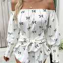 SOLY HUX Women's Bow Print Off The Shoulder Tops Tie Front Lantern Long Sleeve Blouse Shirt (S)