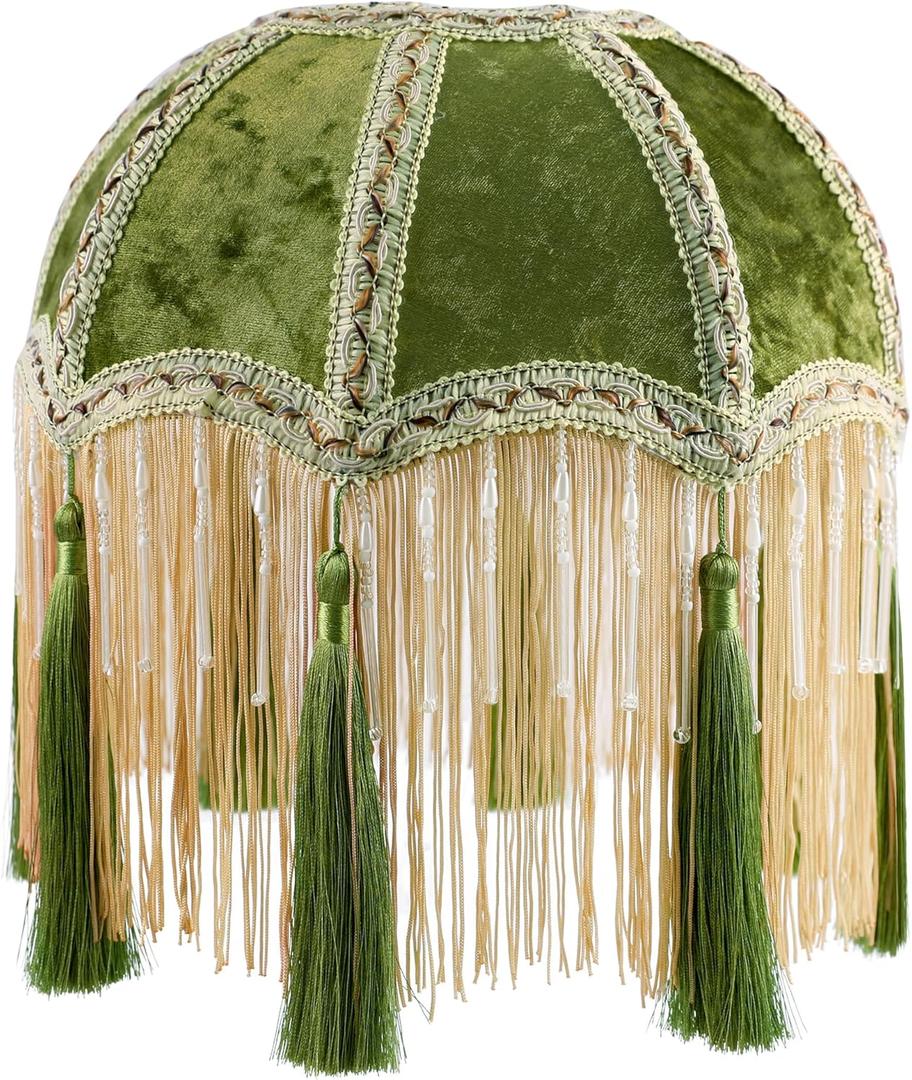 Elegant Victorian Style Lamp Shade with Fringe, Olive Green Velvet Fabric, Scalloped Bell Shape, Replacement Top for Antique Vintage Lamps, 9.8 x 11.3inch