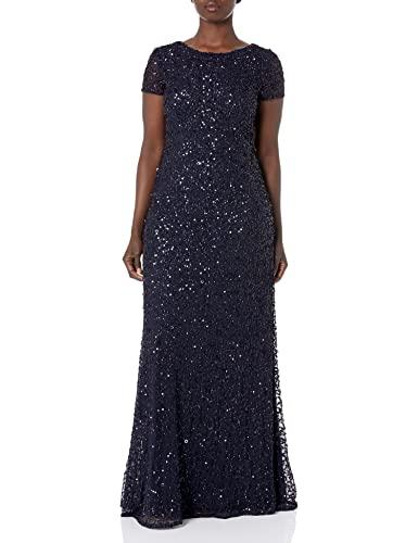 Adrianna Papell Women's Short Sleeve All Over Sequin Gown, Navy, 12