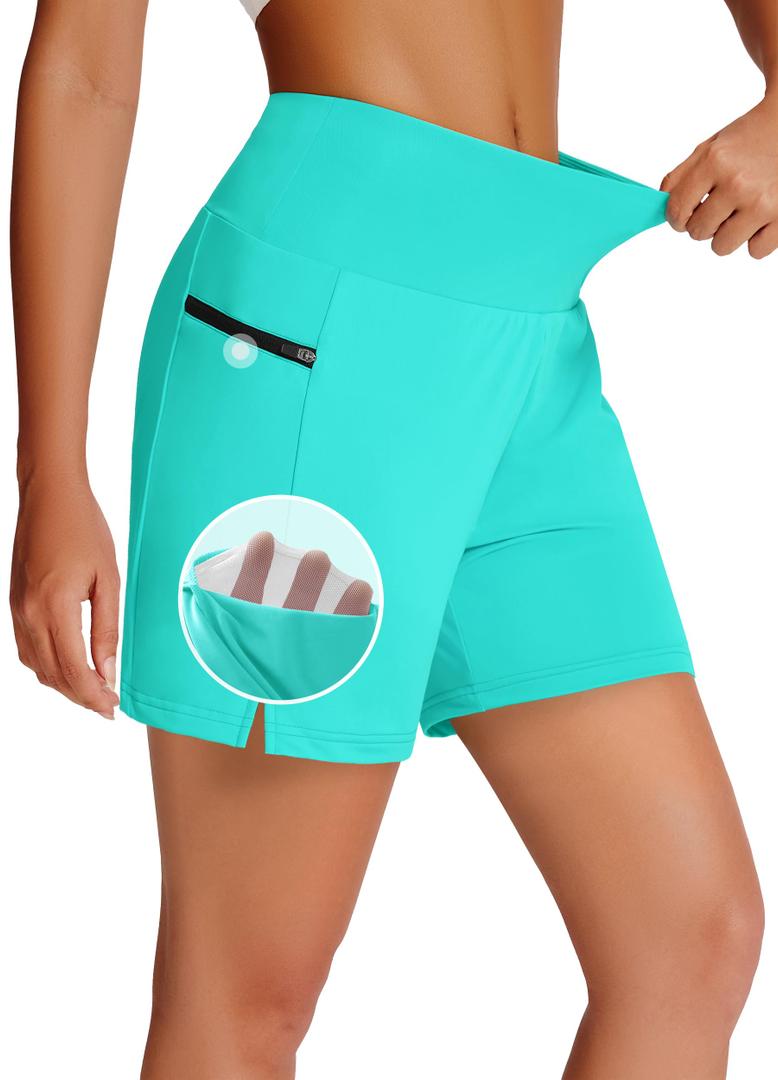 MIVEI Women's 7" Long Swim Board Shorts with Zipper Pockets High Waisted Quick Dry Beach Swimming Swim Suit Bottom with Liner Lake Green (XXXL)