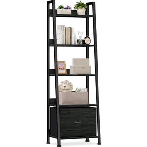 Furologee 5-Tier Ladder Shelf, Narrow Ladder Bookshelf with Drawer, 55.6Tall Industrial Bookcase Storage Rack Organizer, Freestanding Storage Shelve for Living Room, Home Office, Bedroom, Black Oak
