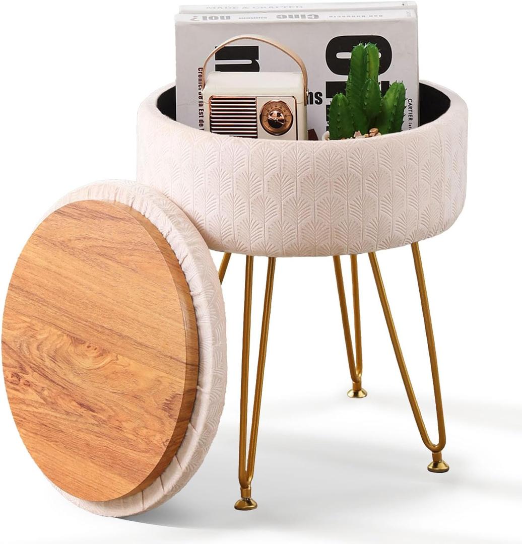 Cpintltr Footrest Footstools Round Velvet Ottoman with Storage Space Soft Vanity Chair with Memory Foam Seat Small Side Table Hallway Step Stool 4 Gold Metal Legs with Adjustable Footings Champagne