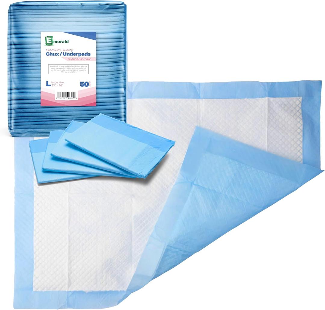 Emerald Incontinence Underpads, 50 Pads, Waterproof Plastic Backing, Highly Absorbent Cotton Fluff, NonSkid, for Bedwetting, Pets, Seniors