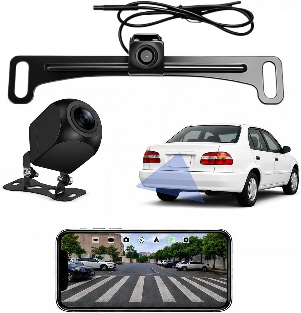 Wireless Backup Camera 1080P, 2.4GHz WiFi No Monitor Needed, License Plate Reverse Camera, 170° Wide Angle Night Vision IP68 Waterproof, Front Rear View for iPhone Android, Car SUV Van Pickup