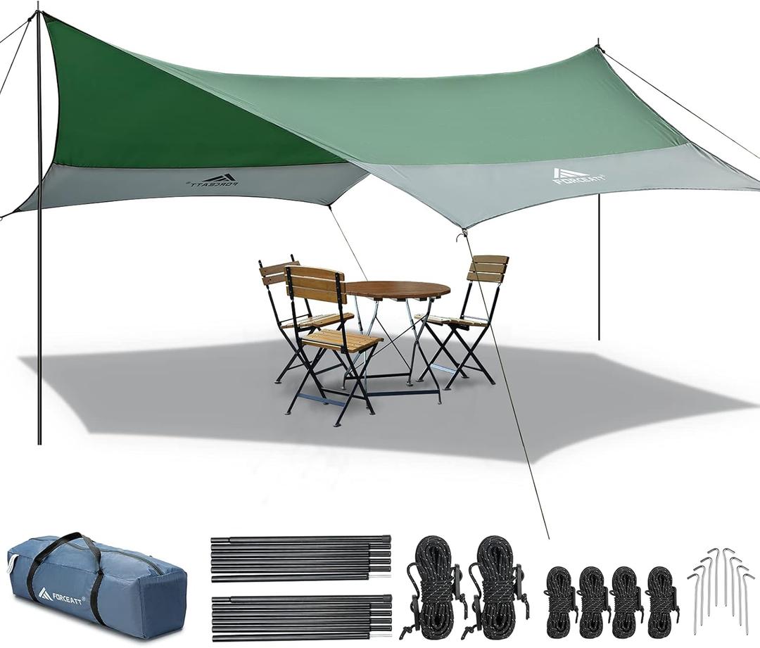 Forceatt 12x14FT Waterproof Camping Tarp with 2 Poles, Sun Shelter for Car, Tent, Hammock in Camping, Hiking, Backpacking, Garden and Traveling (Green & Gray)