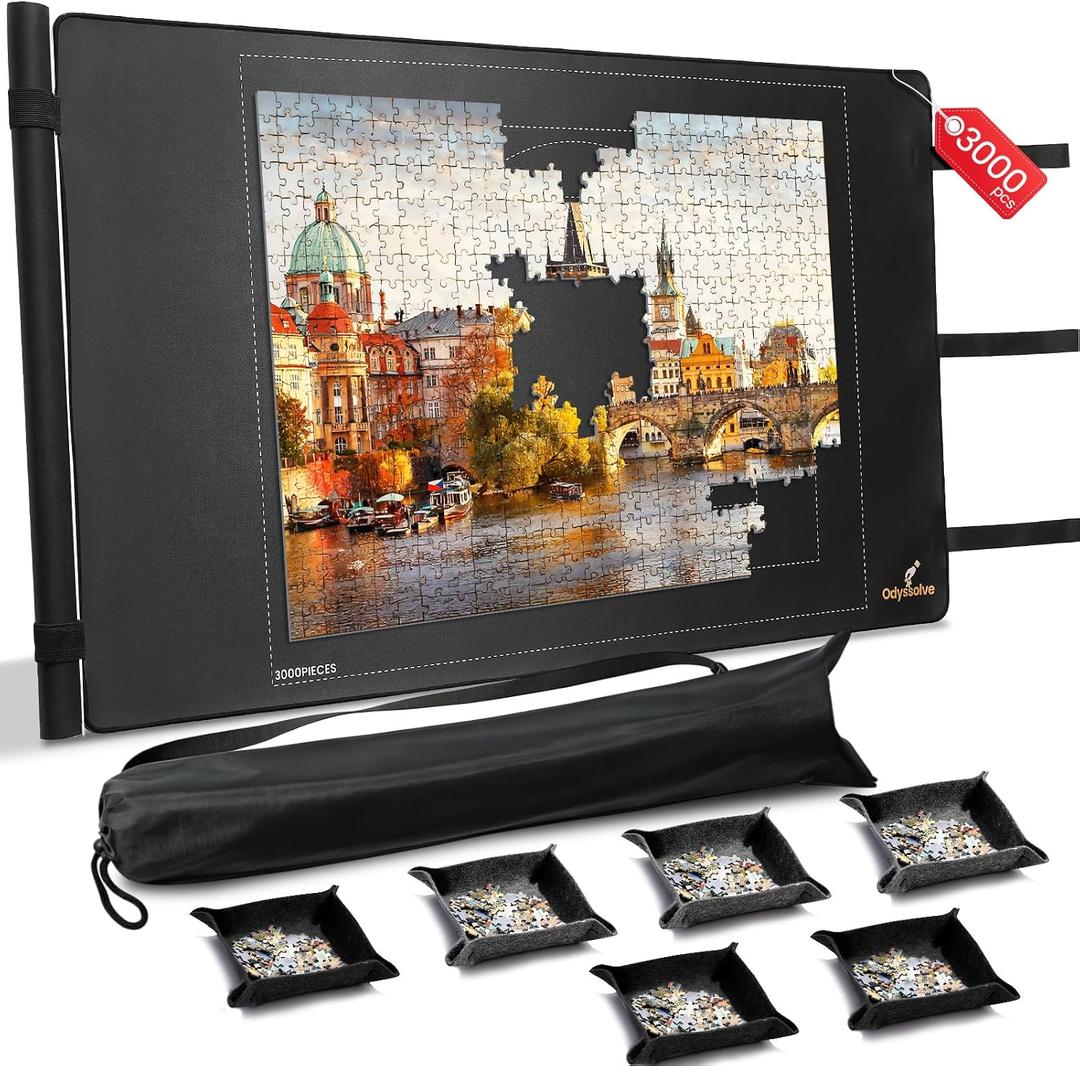 Jigsaw Puzzle Mat Roll Up,Puzzle Storage Saver for 55” x 35.5” Up to 3000 Pieces, Non-Slip Rubber Back & Smooth Polyester Surface with 6 Sorting Trays, Puzzle Saver Mat with Storage Bag for Adults, L-3000pcs