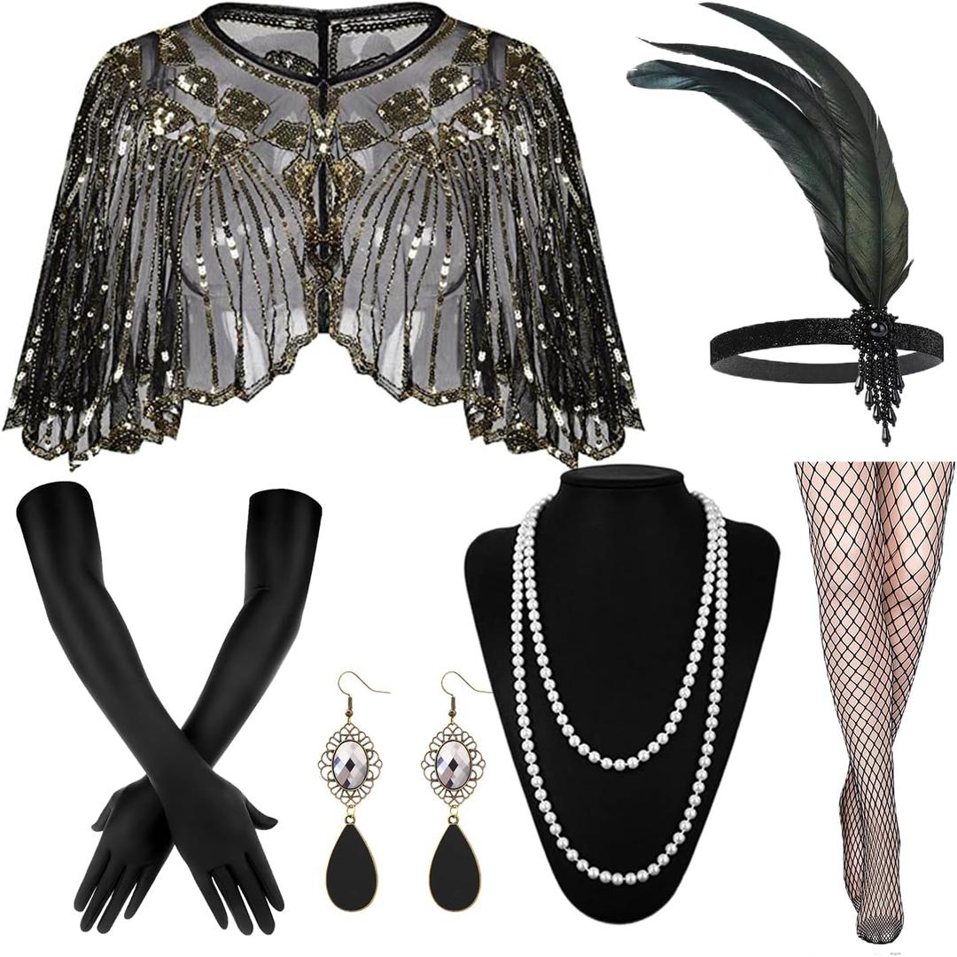 1920s Gatsby Flapper Accessories Set, Roaring 20s Accessories Women Feather Headpiece Necklace Earrings Long Gloves,Black Gold (Black)