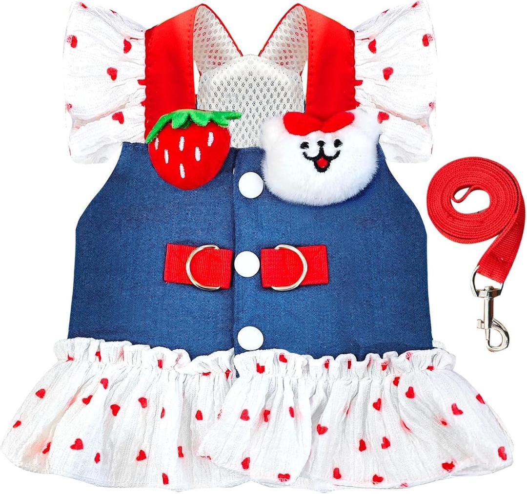 Small Dog Harness and Leash Set Denim Cat Harness Dress for Puppy Clothes for Girls Pink Dog Birthday Dress French Bulldog Harness with Strawberry Bear Decoration, Small