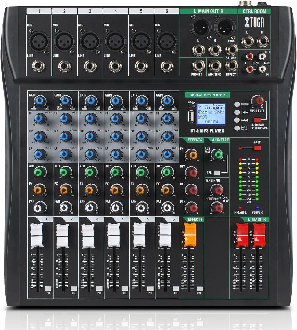 XTUGA 6 Channel Audio Mixer, Professional Sound Board Mixer, DJ Mixing Console System Audio Interface,48V Phantom Digital Effect for PC Podcast Studio Karaoke Streaming Live Recording(CT60)