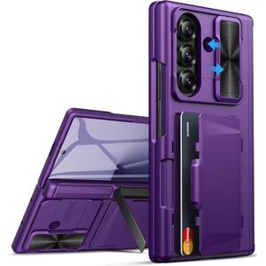for Samsung Galaxy Z Fold 7 Wallet Case with Stand, Built-in Hinge Protection & Slide Camera Lens Cover & Card Holder & Screen Protector, Hard Protective Phone Case for Samsung Z Fold 7, Purple