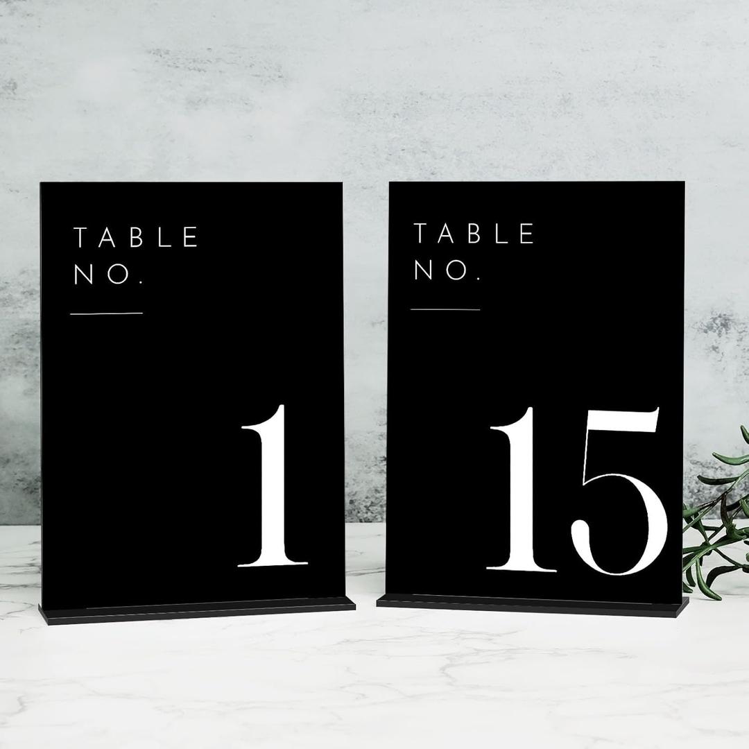 JINMURY Wedding Black Table Numbers 1-15 with Stands, 5"x7" Black Acrylic Table Numbers with White Font for Wedding Party Reception (1-15, 5"x7")