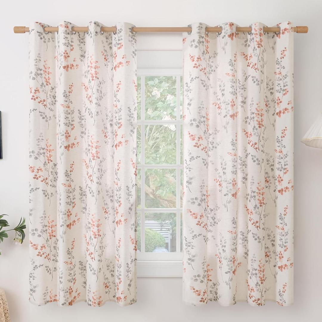 BGment Linen Curtains for Living Room 63 Inch Length 2 Panels Floral Leaf Pattern, Light Filtering Window Privacy Curtains for Bedroom Boho Farmhouse Vintage, Each 52 Inch Wide, Terracotta