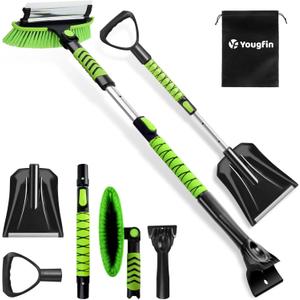 YOUGFIN 4 in 1 Ice Scraper & Snow Brush & Snow Shovel for Home Car, 43" Extendable Window Ice Removal with Squeegee for Windshield, Heavy Duty Snow Cleaner with Foam Grip & 180 Rotating Head for Auto (Green)
