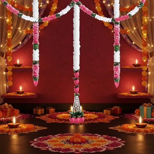 FineCheer 5 Pcs 184 Inch Total Diwali Decorations Artificial Jasmine Garlands Toran with Lotus Buds Traditional Indian Hanging Decoration for Pooja Diwali Wedding Housewarming (Mixed)