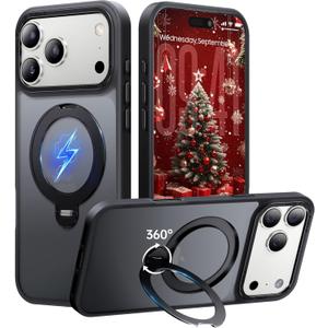 360 Spin Magnetic Stand for iPhone 17 Pro Max Case, Fit for MagSafe, Mil-STD Protective Case for iPhone 17 Pro Max Phone Case with Kickstand Rotatable 6.9 inch, Black