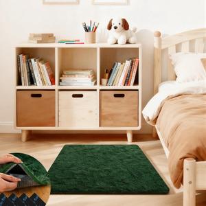 Dark Green Rugs for Bedroom, 2x3 Fluffy Area Rugs for Living Room, Small Fuzzy Shag Soft Carpet with 4 Non-Slip Adhesive Strips for Kids Boys and Girls Nursery Dorm Home Decor (2ft X 3ft)