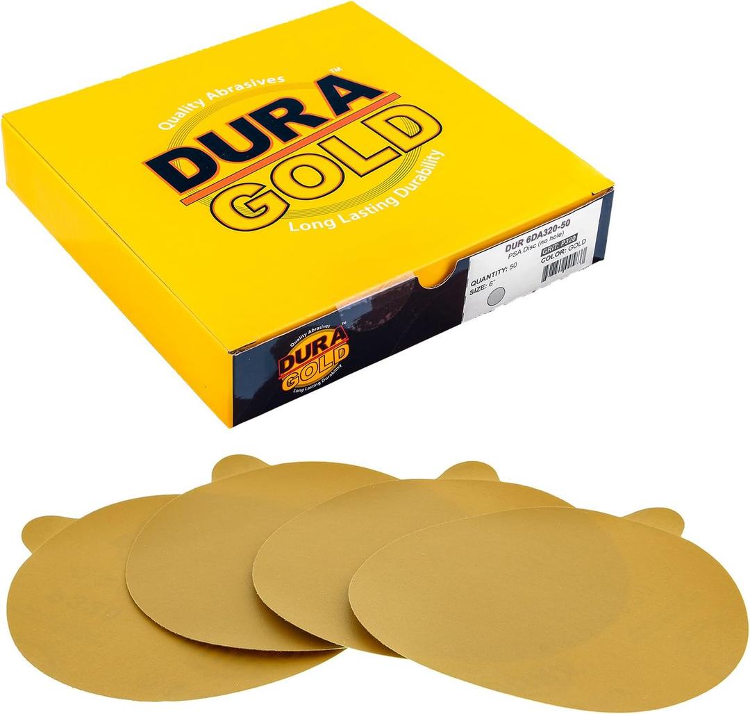 Dura-Gold Premium 6" Gold PSA Sanding Discs - 320 Grit, Box of 50 - Self Adhesive Stickyback Sandpaper for DA Sander, Finishing Coarse-Cut Abrasive - Sand Automotive Car Paint, Woodworking Wood, Metal
