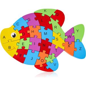 LovesTown Goldfish + Chicken Wooden Puzzle for Kids, Alphabet and Number Jigsaw Puzzle Montessori Learning Blocks, Educational Preschool Toys for Toddlers, 26 PCS