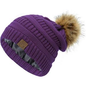 Durio Satin Lined Beanie Pom Pom Satin Lined Winter Hats for Women Warm Beanie Hats for Women Thick Womens Winter Hats (One Size, Purple)