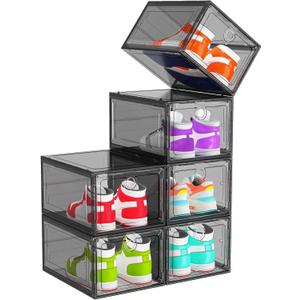 6 Pack Upgrade Harder Shoe Organizer, Shoe Storage with Magnetic Front Door, Clear Shoe Boxes Foldable Space-Saving Shoe Rack for Sneaker Boot Container, Black