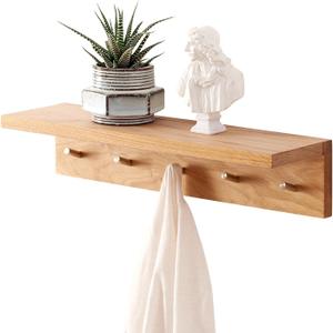 Coat Rack Shelf Wall Mounted Oak Wood Entryway Shelf with 5 Hooks Wall Coat Hook Rack with Floating Shelf for Bedroom, Living Room, Kitchen (Natural, 20 inch)